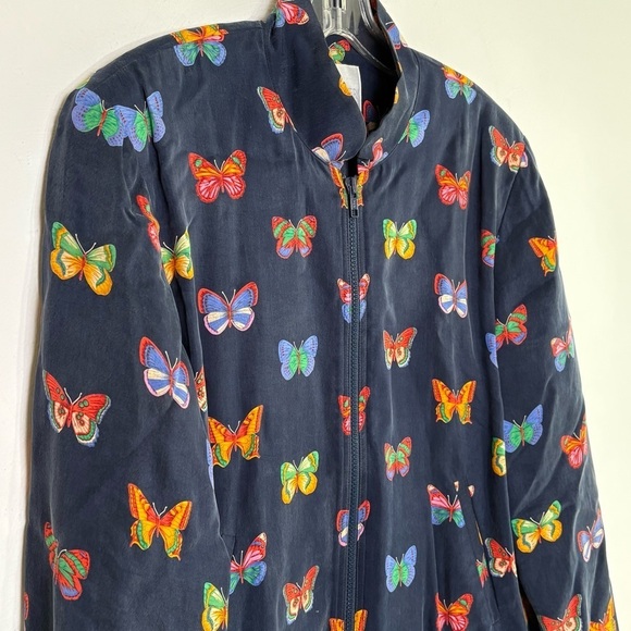 DONCASTER Vintage 90s Y2K Silk Feel Butterfly Novelty Print Navy Zip Jacket M - Picture 4 of 12